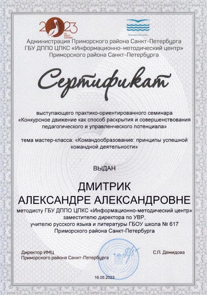 2022-2023 Дмитрик А.А. (Сертификат мастер-класс командообразование)